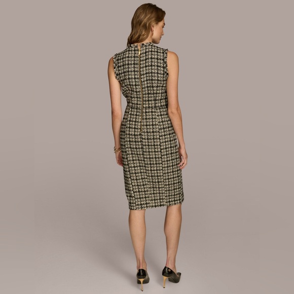 Donna Karan Black Plaid Tweed Sheath Dress Sleeveless Fringed. Size 10 NWT - Picture 6 of 6